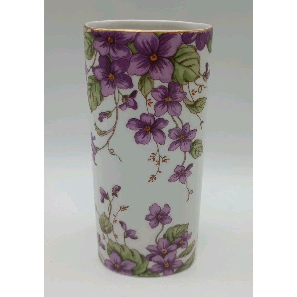 Vintage 90's Lefton China Violet Floral Vase Purple White Green 00273 Zeo G.